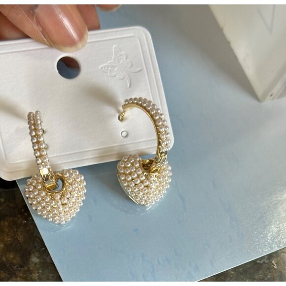 Gold-Plated Pearly Heart Hoop Earrings With Elegant Design Bridal Going Out NWT - Picture 3 of 6